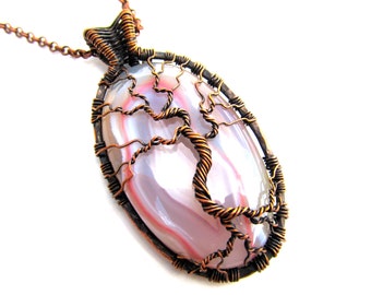 Wire Wrapped Pendant - Tree of Life Pendant  - Beautiful Pink and Cream Onyx Agate Cabochon and Copper Wire - 1.75" x 3" - Chain Included