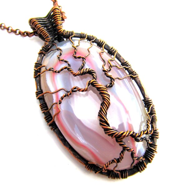 Wire Wrapped Pendant - Tree of Life Pendant  - Beautiful Pink and Cream Onyx Agate Cabochon and Copper Wire - 1.75" x 3" - Chain Included