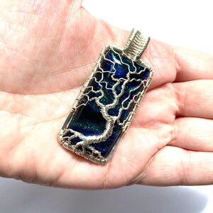 Fine Silver Wire Wrapped Pendant Tree of Life Pendant Blue Dichroic Glass Cabochon 2 1/2 x 1 6.5 cm X 2.5 cm Chain included image 8