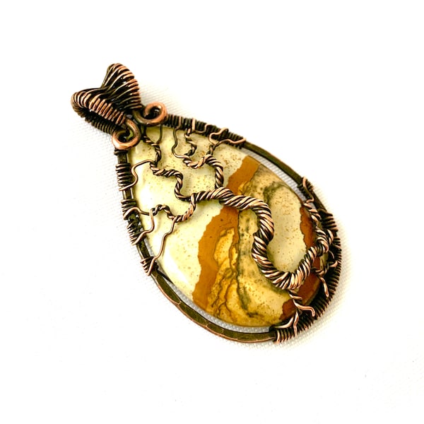 Wire Wrapped Pendant - Tree of Life Pendant  - Picture Jasper and Copper Wire - 2 1/2" x 1 1/2" - Chain Included