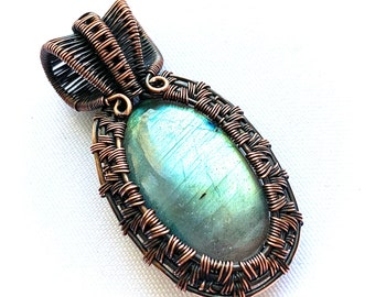 Wire Wrapped Pendant - Exceptional Quality Labradorite and Oxidized Copper Wire  2" (60 mm) x 1 1/8" (30 mm)