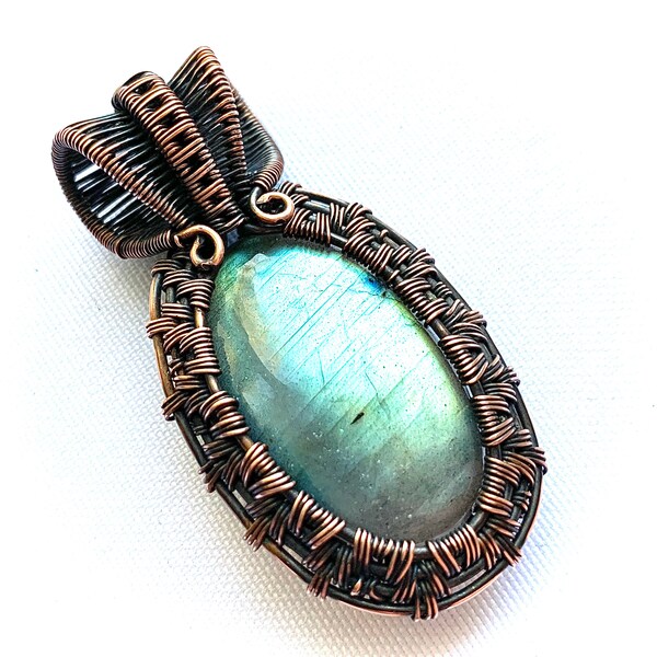 Wire Wrapped Pendant - Exceptional Quality Labradorite and Oxidized Copper Wire  2" (60 mm) x 1 1/8" (30 mm)