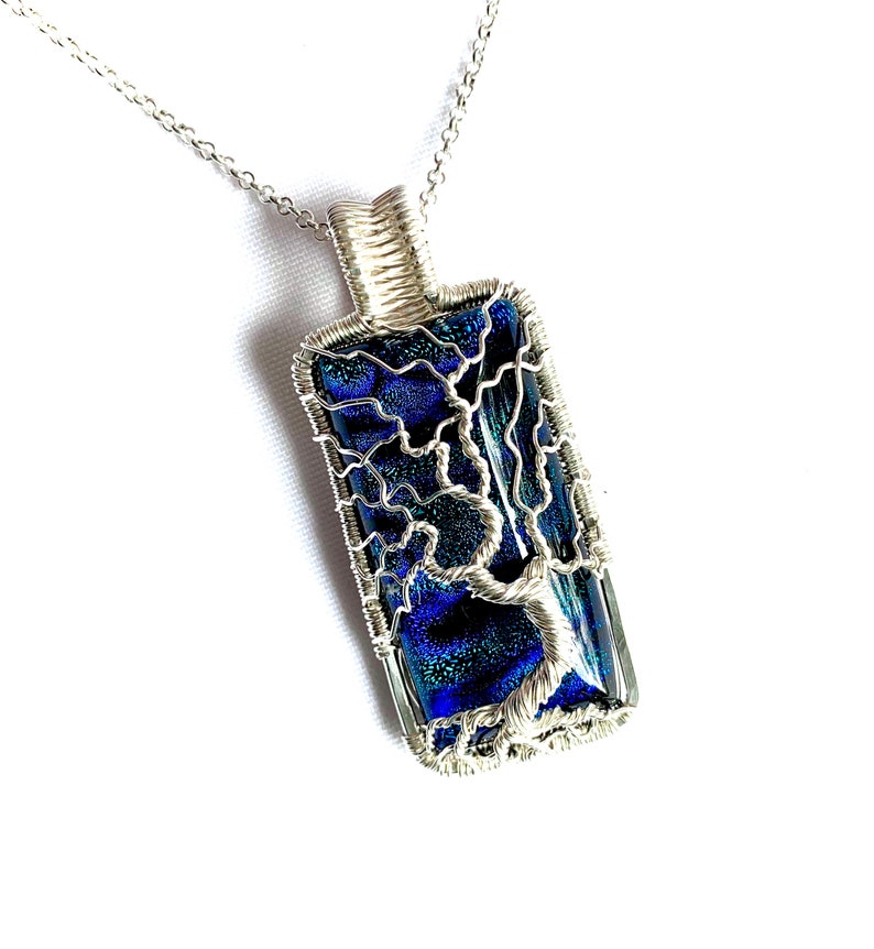 Fine Silver Wire Wrapped Pendant Tree of Life Pendant Blue Dichroic Glass Cabochon 2 1/2 x 1 6.5 cm X 2.5 cm Chain included image 1