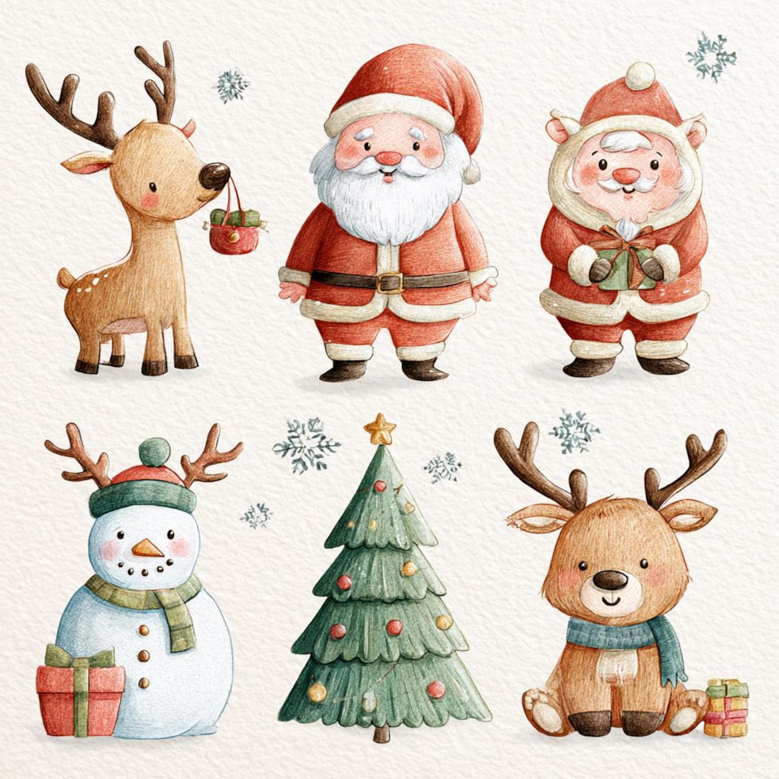 Santa and Reindeer Watercolor Clipart, Christmas PNG Bundle (digital ...