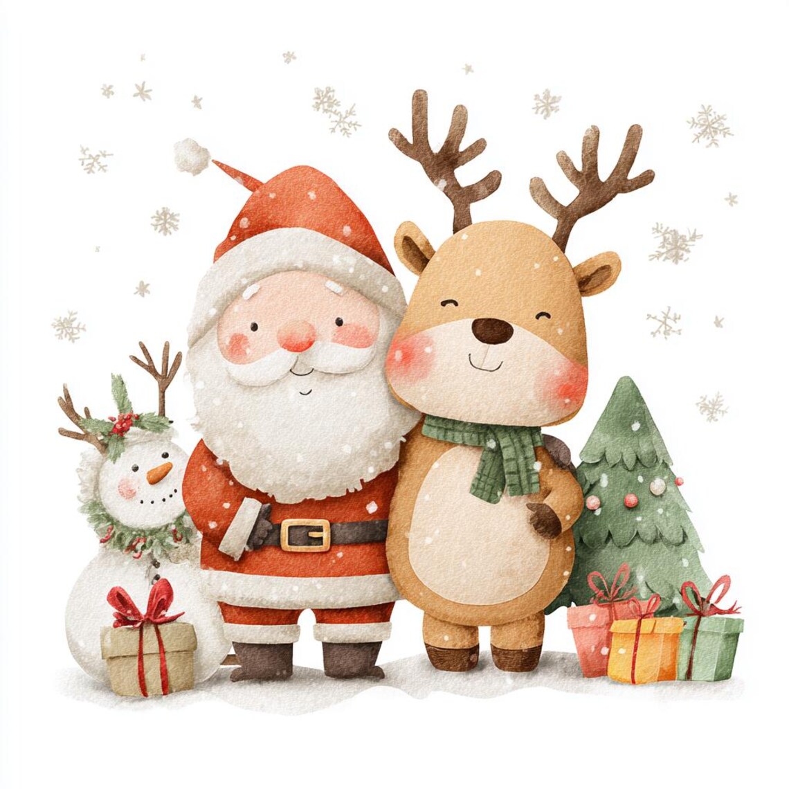 Santa and Reindeer Watercolor Clipart, Christmas PNG Bundle (digital ...