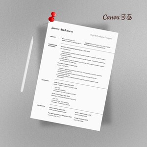 May include: A resume titled "James Anderson" with a red pushpin, a white pencil, and the Canva logo. The resume lists professional experience, education, and certifications. The resume is white with black text.