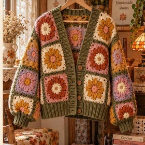 Patrón de ganchillo en PDF para cárdigan cuadrado Daisy Grandma, patchwork floral estilo cottagecore, términos estadounidenses.