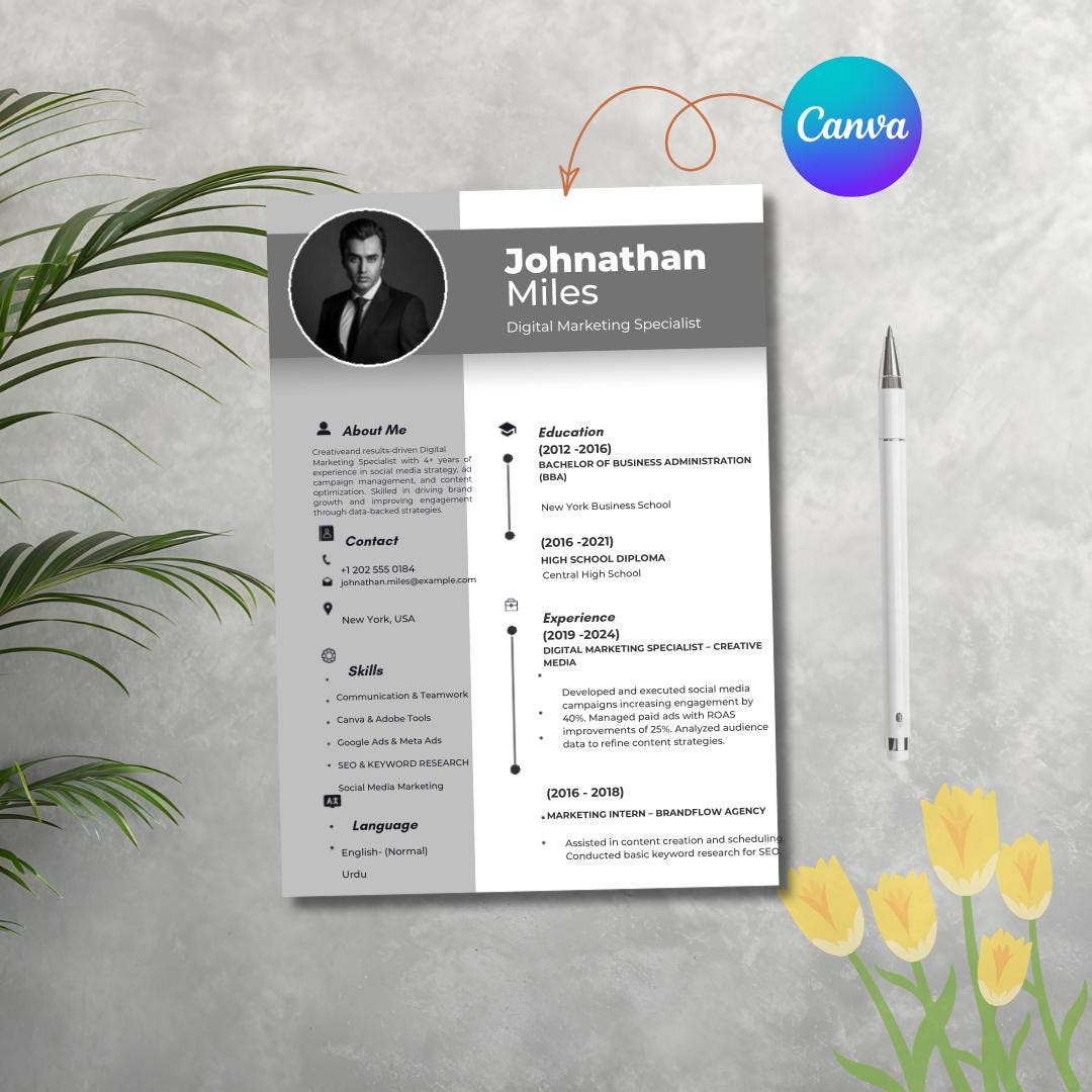 Modern Canva Resume Template | Editable Job CV (instant Download) - Etsy