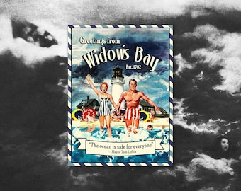 Widow’s Bay sticker — vintage beach postcard style (horror/comedy TV)
