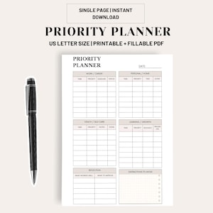 May include: A printable US Letter size priority planner with sections for work, personal, health, and learning. Includes a black pen and text that reads "SINGLE PAGE | INSTANT DOWNLOAD" and "PRIORITY PLANNER".