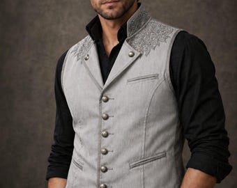 Lichtgrijs geborduurd herengilet – slim-fit formeel trouwvest