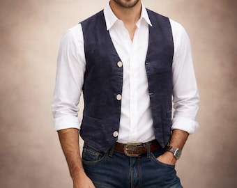 Navy Blue Linen Waistcoat Vest, Vintage Button Front Slim Fit Groomsmen Vest