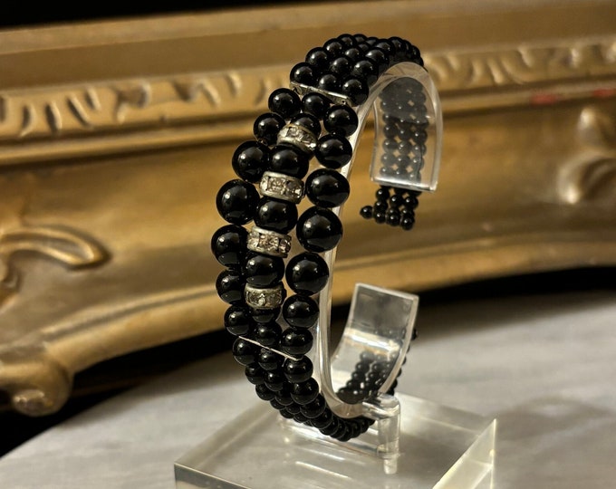 Vintage Glass Bead & Rhinestones Cuff Wrap 3 Layer Bracelet