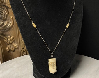 Carved Bone Bead Necklace on GF Gold Chain Dragonfly Bug Carving