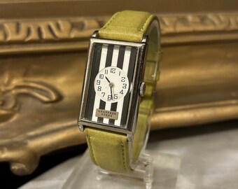 Geoffrey Beene Watch Black & White Stripe Green Leather Band