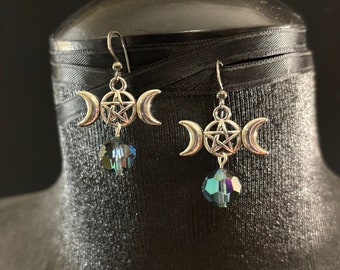 Triple Moon Pentacle & Swarovski Crystal Earrings