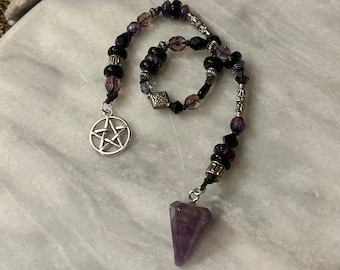 Amethyst & Pentacle Pendulum with Knotted Vintage Glass Beads