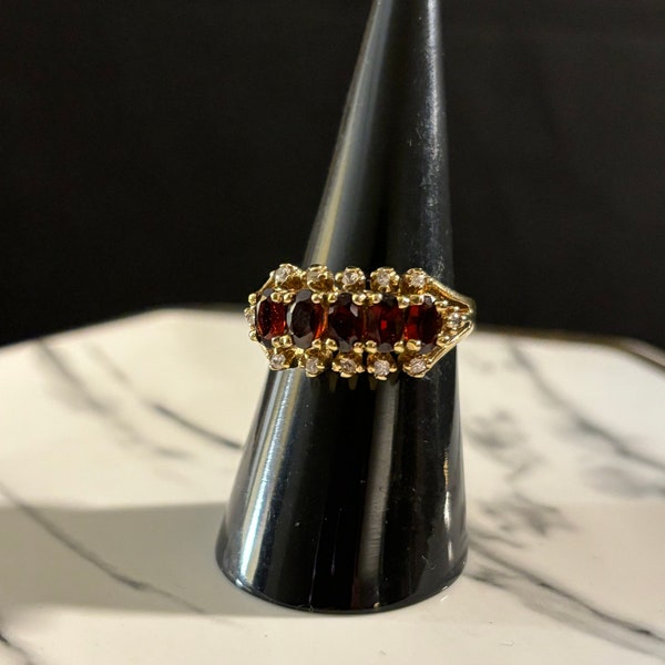 Vintage Garnet Red Crystal 14KT HGE Ring Sz 7