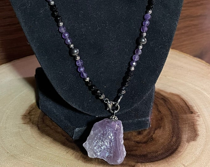 Amethyst Pendant with faceted Amethyst & Black Agate Beads Necklace