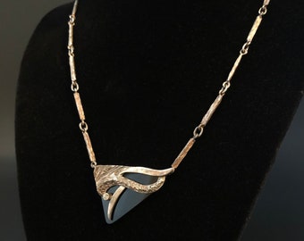 Vintage Silver Link Necklace Black Triangle Pendant with Crystal Etched Gothic Deco