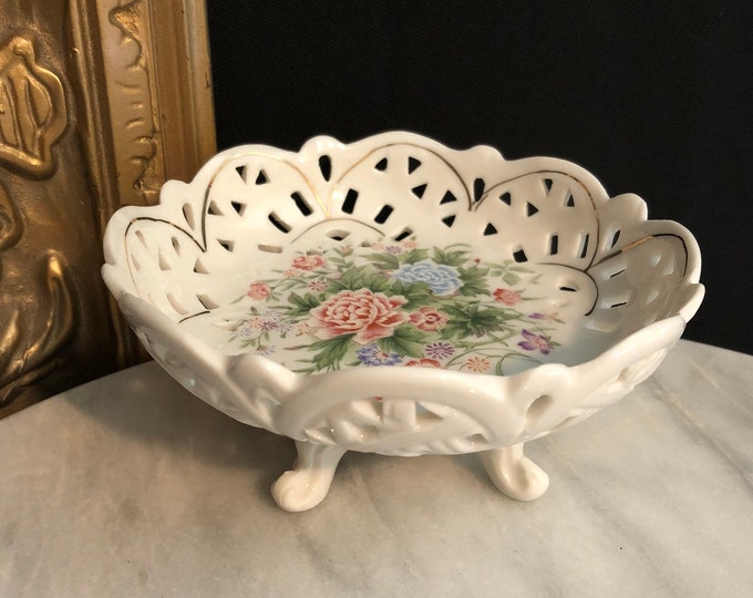 Basket Style Floral Footed Bowl Candy Dish