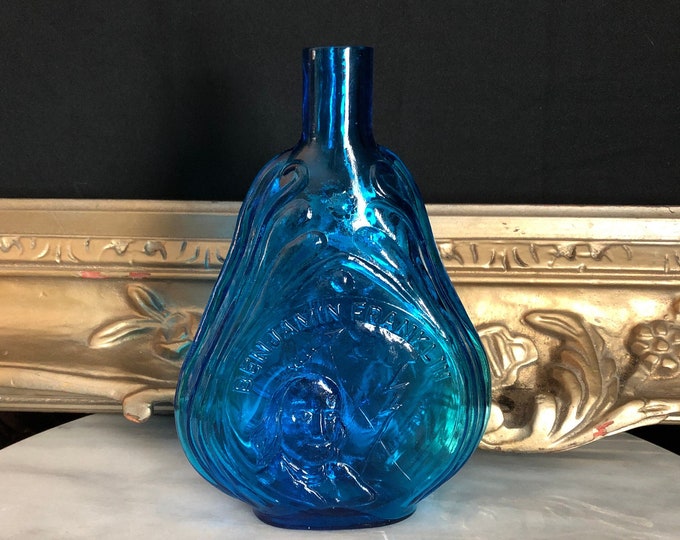 Blue Glass Bottle Benjamin Franklin Museum Editions Mold Blown Glass Collectible