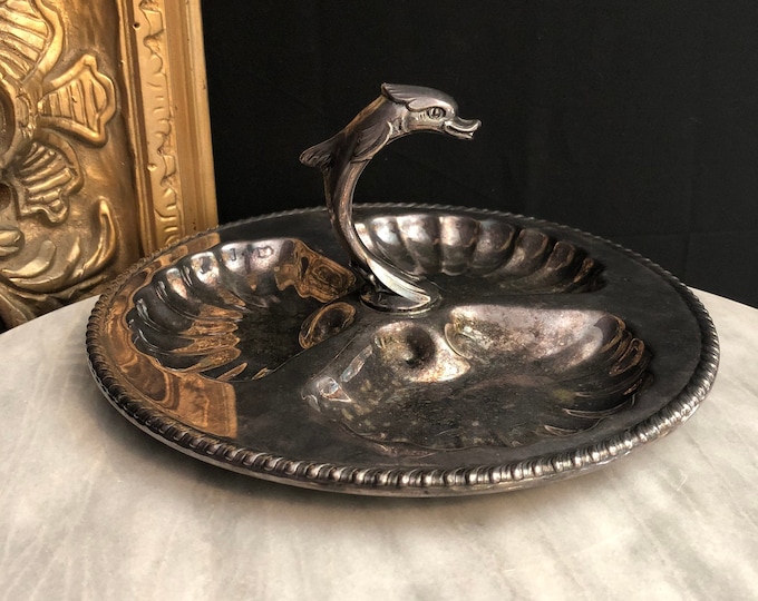 Vintage Silver Plate Dolphin Tray with Scalloped Sections Canterbury