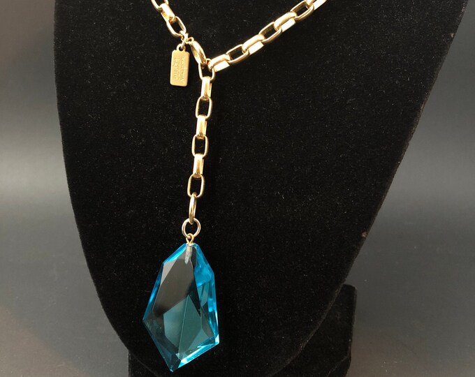 Vintage Gold Tone Chain and NOS Blue Crystal Glass Pendant