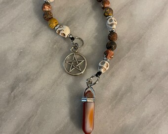 Leopard Jasper and Stone Skull Meditation or Prayer Beads Pentacle Witches Ladder