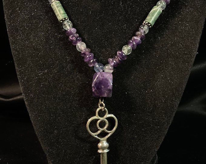 Amethyst Fluorite Jade & Sterling Silver Necklace with Key Pendant