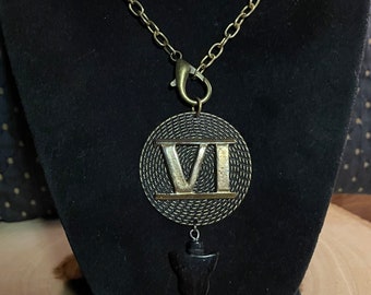 Vintage Roman Numeral 6 Black Obsidian Arrowhead Style Pendant One of a Kind