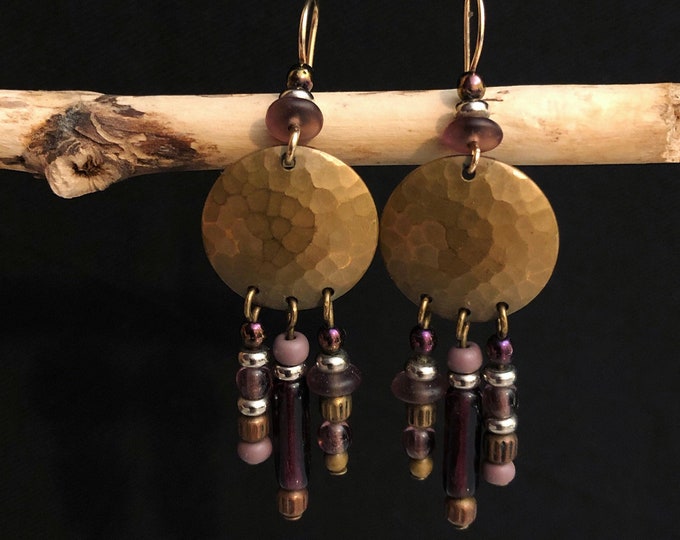 Hammered Brass Discs with Purple Beads