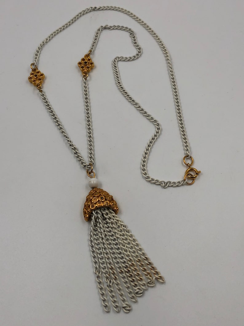 Vintage Tassel Necklace White Chain Gold Tone