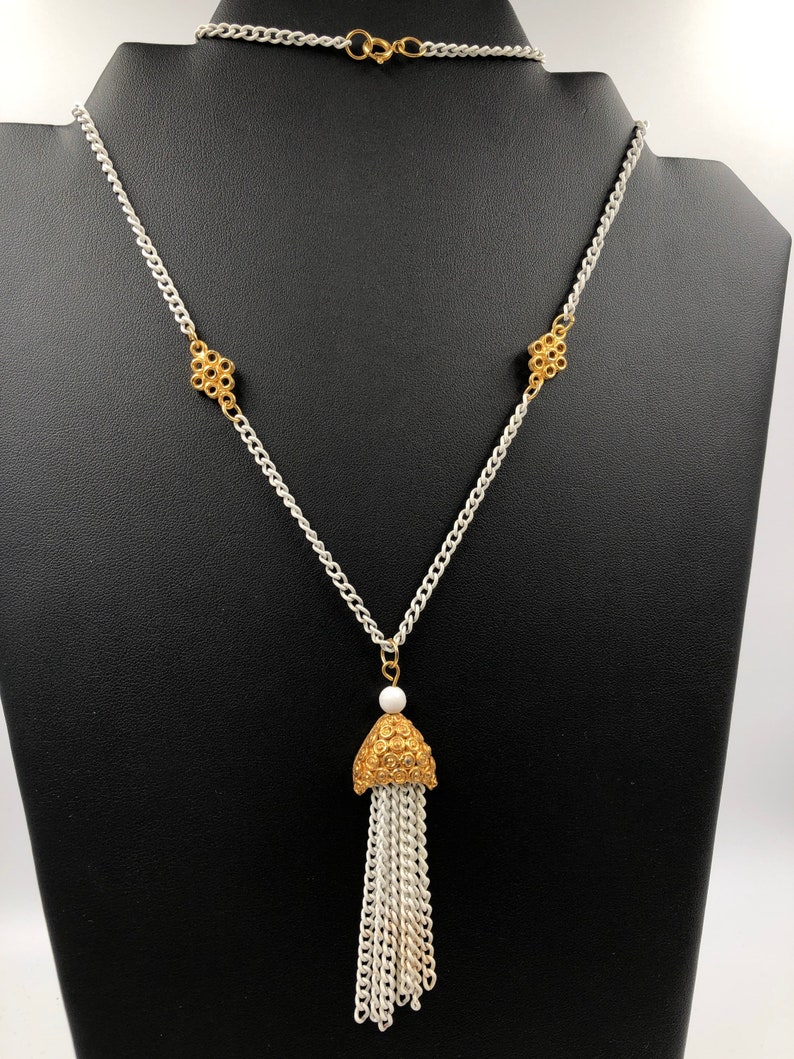 Vintage Tassel Necklace White Chain Gold Tone