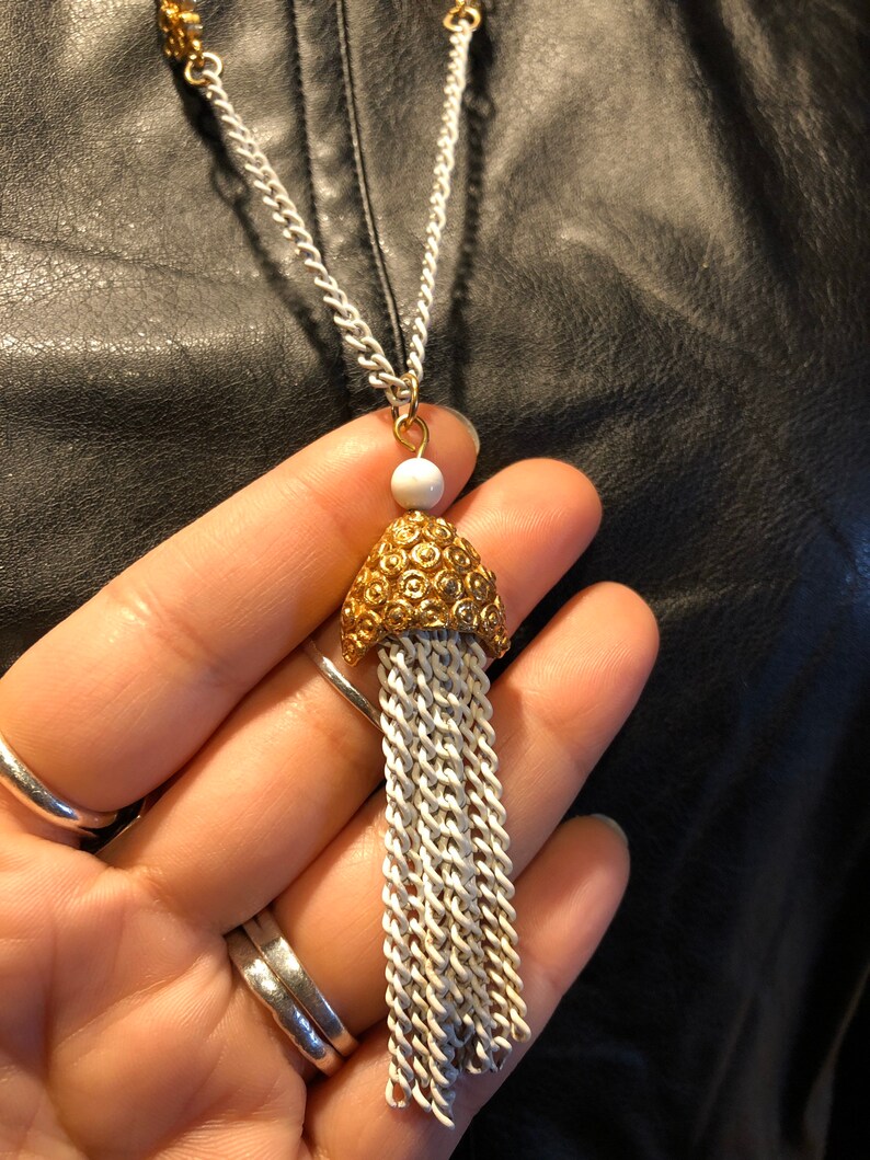 Vintage Tassel Necklace White Chain Gold Tone