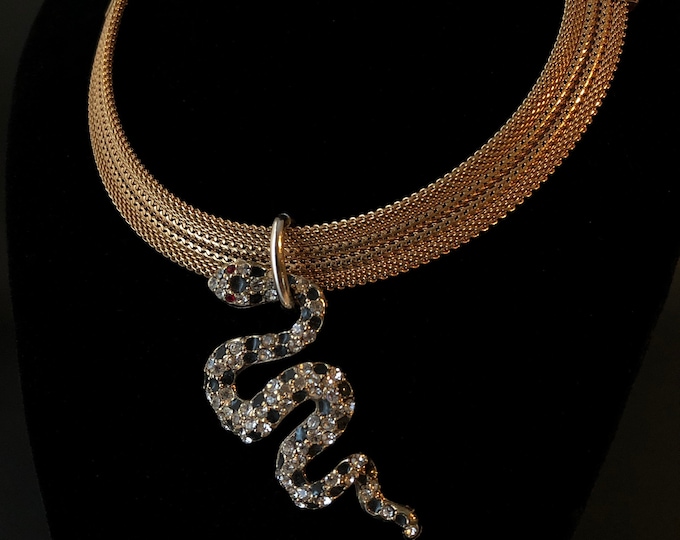 Gold Tone Mesh Choker Rhinestone Enamel Serpent Snake Necklace One of a Kind Vintage