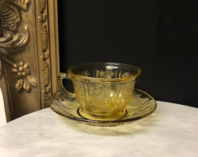 Vintage Yellow Depression Glass Cabbage Rose Cup and Saucer Set Coffee Tea