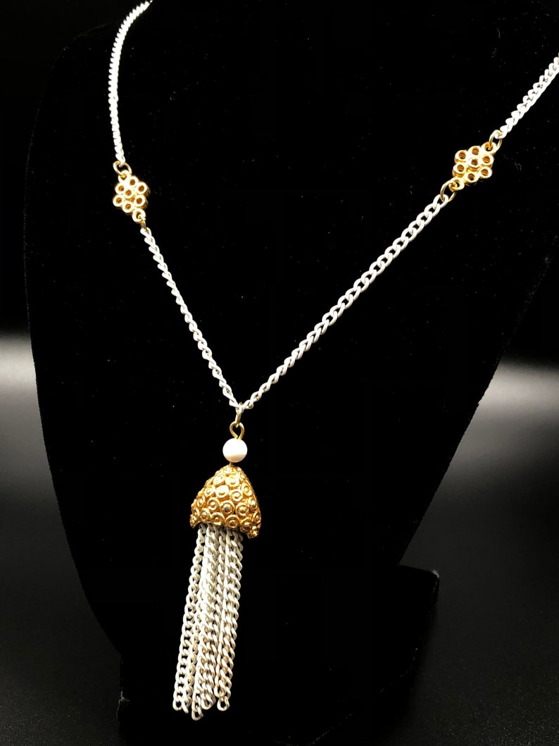 Vintage Tassel Necklace White Chain Gold Tone