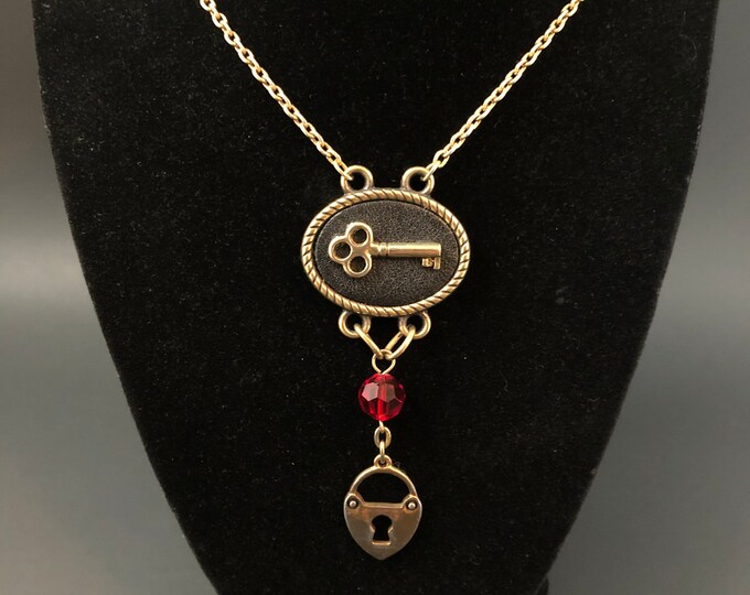 Vintage Faux Leather Bronze tone Pendant with  Skeleton Key and Heart Lock Charm