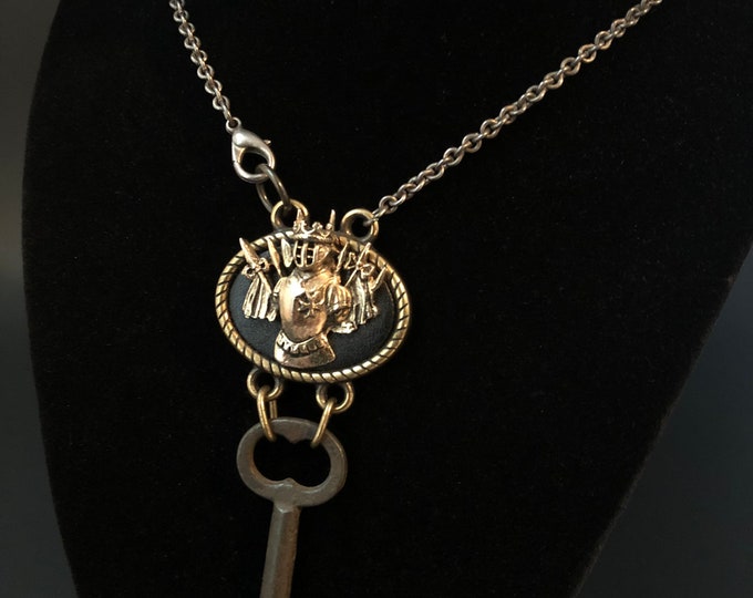 Long Chain Wrap Necklace Knight in Armor Pendant with Antique Skeleton Key Vintage One of a Kind Jewelry