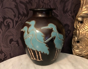 Blue Cranes Birds Vintage Vase Handmade Peru Signed Manuel Adanaque Chulacanas Pottery