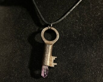 Crystal Key necklace Antique Key & Amethyst Crystal Point #2