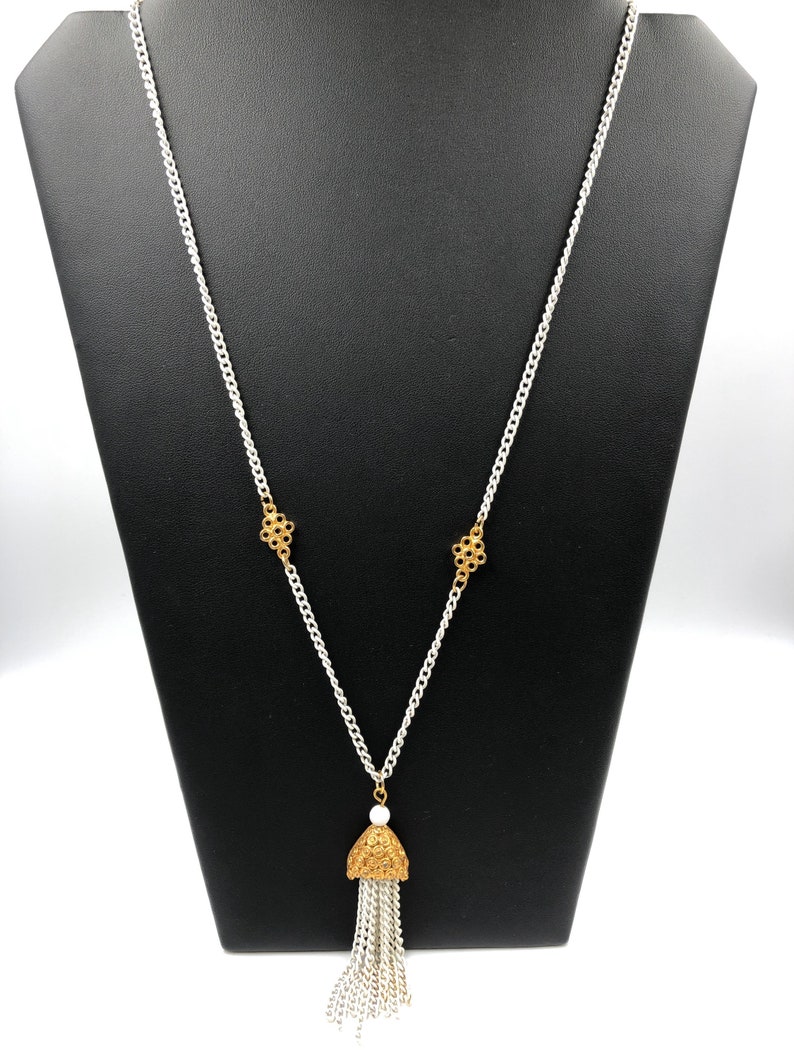 Vintage Tassel Necklace White Chain Gold Tone