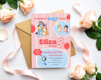 Bluey Birthday Invitation for Girls Editable Bluey and Bingo 3rd Birthday Template Dog Party Theme Canva Editable Invite