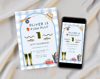 Invitación de cumpleaños con temática de pesca / Cumpleaños de niño con temática de pesca / Plantilla editable de Canva para el primer cumpleaños