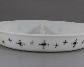 Vintage Atomic Pyrex Divided Baking Dish Black Compass Design
