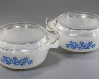 Set of 2 Anchor Hocking Fire-King #472 Blue Floral Spray Pattern, 12-ounce Individual Casseroles with Glass Covers