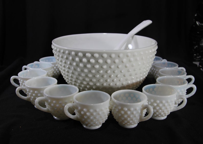 Vintage Fenton Hobnail Milk Glass Punch Set Bowl 12 Cups Etsy