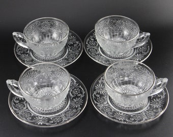 Vintage Indiana Glass, Set of 4, Daisy Pattern #620, Cups & Saucers with Platinum Trim, c.1930s