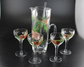 Vintage 6-Piece Cocktail Set (Pitcher, Glass Stirrer & 4 Glasses) in Handpainted Pine Cone Pattern